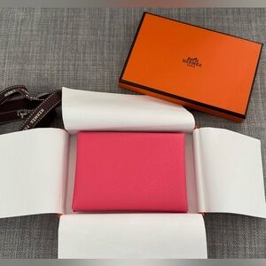 Hermes Calvi Duo Card Holder, Rose Azalee, Epsom Leather, with Box and Ribbon